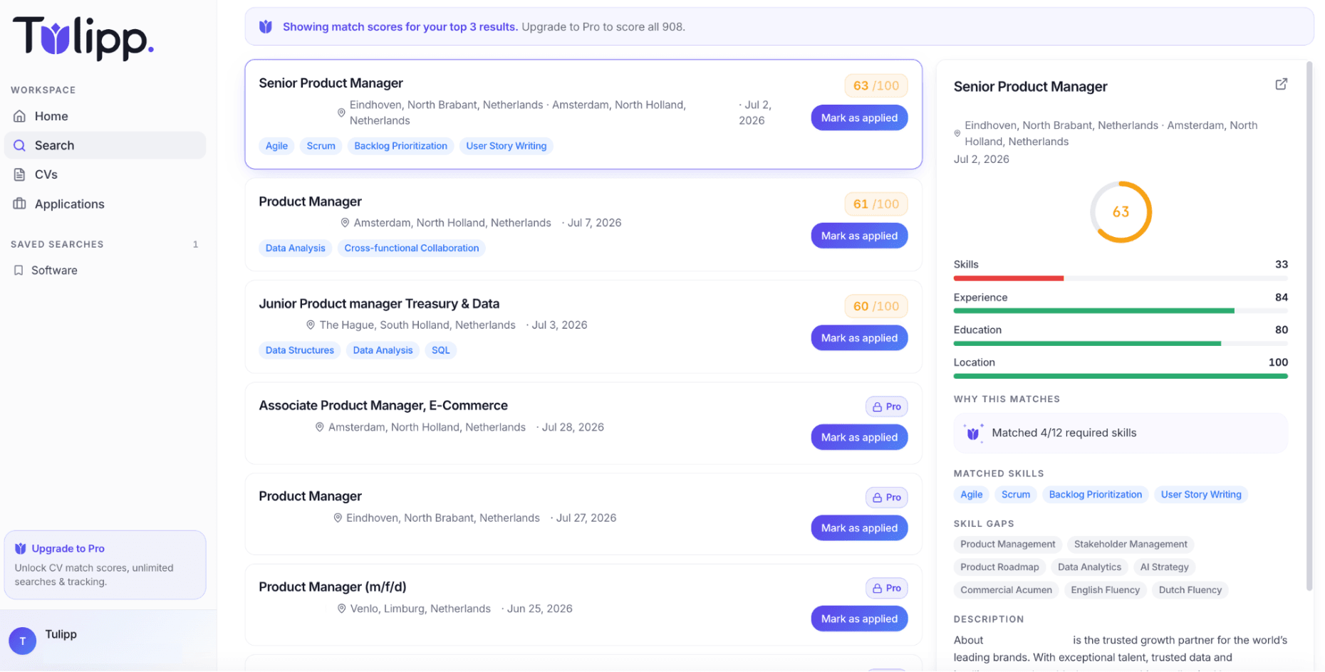 Search results with match score